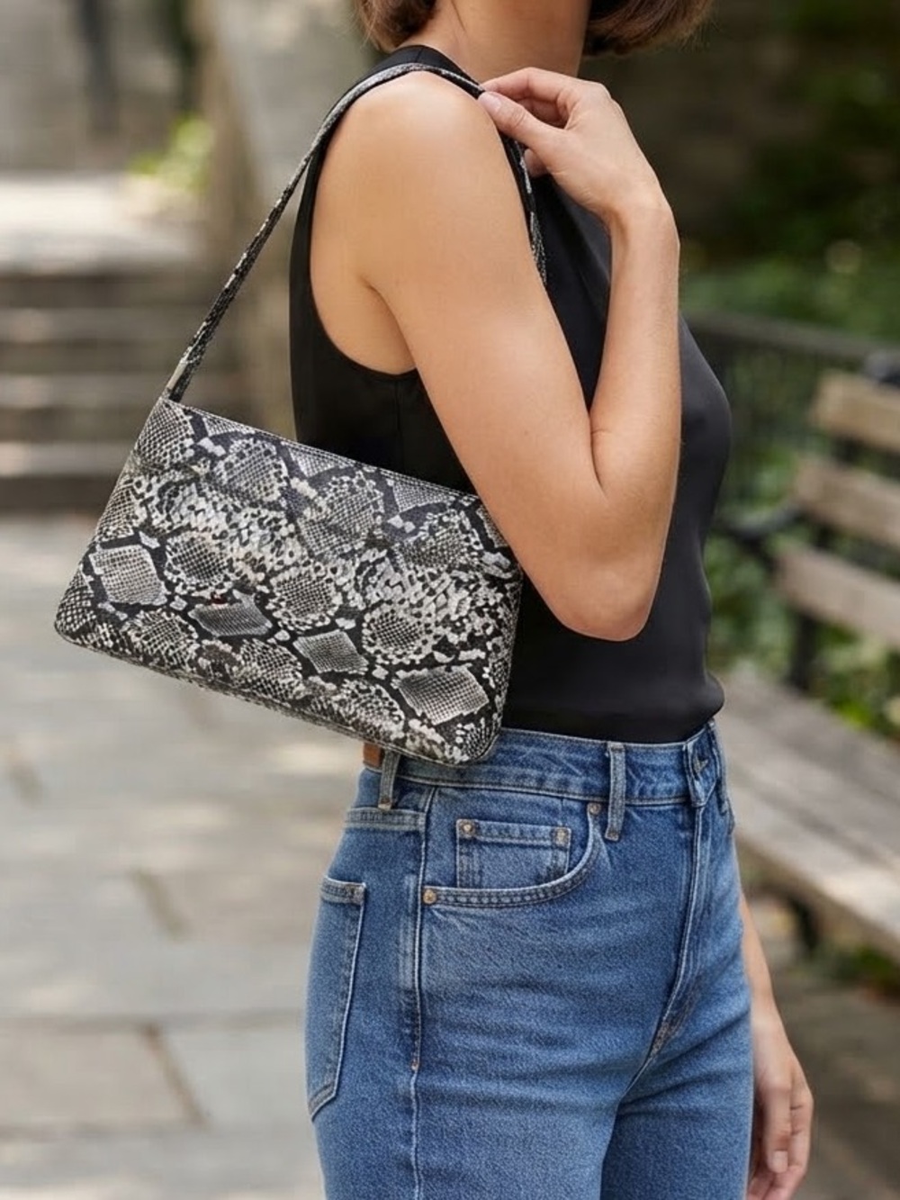 Snake-Print Shoulder Bag Black & Silver Metallic Shimmer